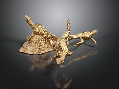 Golden Animal Sculptures With Antlers On Shiny Base And Dark Background 3d model