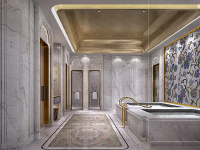 Luxury SPA Sauna Interior With Marble Walls Bathtub Carpet Ceiling Design And Decorative Art 3d model