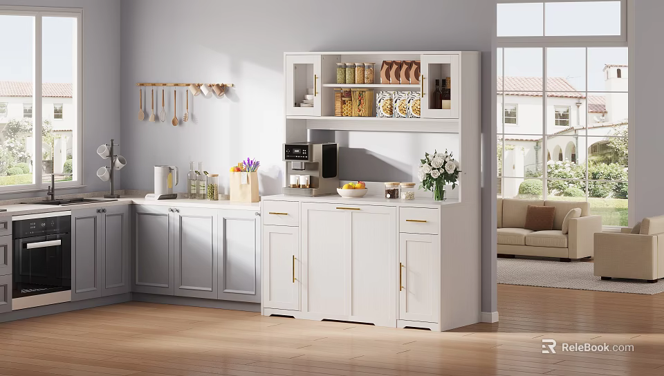 Gray And White Kitchen Cabinets With Open Shelves Jars Coffee Machine And Natural Light 3d model 