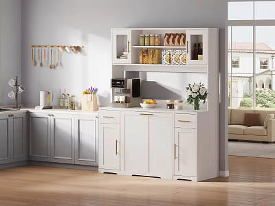 Gray And White Kitchen Cabinets With Open Shelves Jars Coffee Machine And Natural Light 3d model