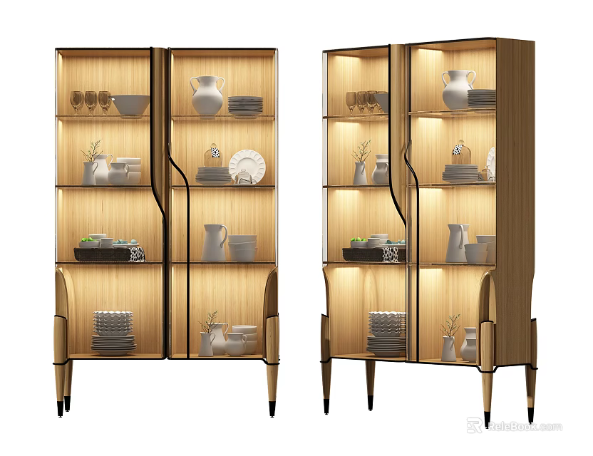 Modern Sideboard with Glass Doors Interior Lighting and Dinnerware Storage Wooden Frame and Metal Accents 3d model 