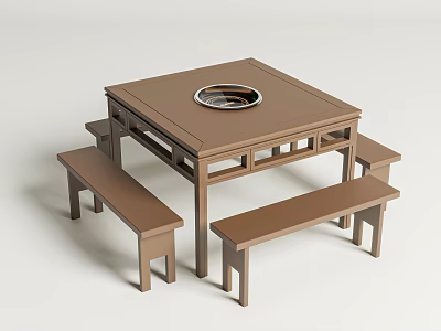 Traditional Brown Wooden Square Dining Table Set with Round Built in Burner and Benches 3d model