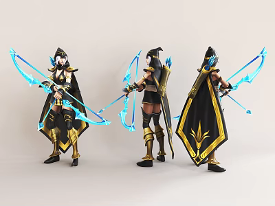 Elite Character Design Three Angles in Black Gold Attire Holding Blue Bows 3d model