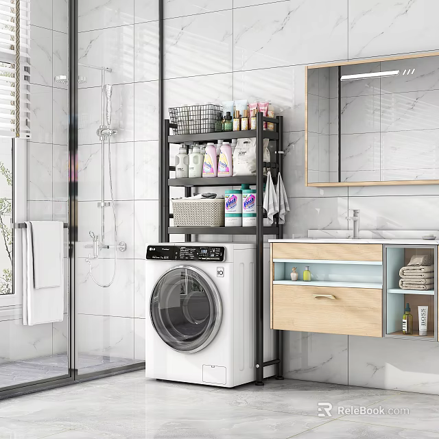 Bathroom Storage Shelf with Toiletries and Basket Next to Washing Machine in Tiled Interior 3d model 