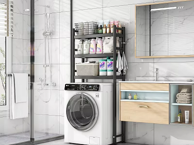 Bathroom Storage Shelf with Toiletries and Basket Next to Washing Machine in Tiled Interior 3d model