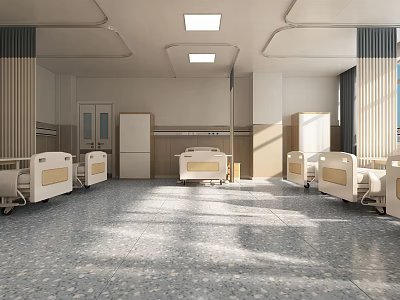 Spacious Bright Hospital Ward Interior With Multiple Beds Lockers And Windows 3d model