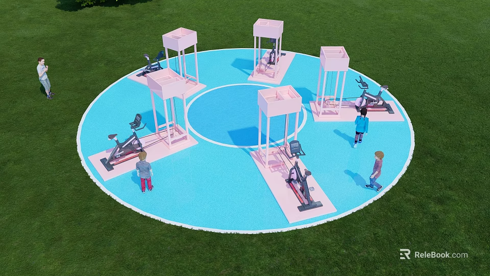 Circular Blue Playground Equipment Area With Pink Pavilions And Children Playing On Green Lawn 3d model 