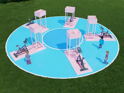Circular Blue Playground Equipment Area With Pink Pavilions And Children Playing On Green Lawn 3d model