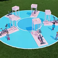 Circular Blue Playground Equipment Area With Pink Pavilions And Children Playing On Green Lawn