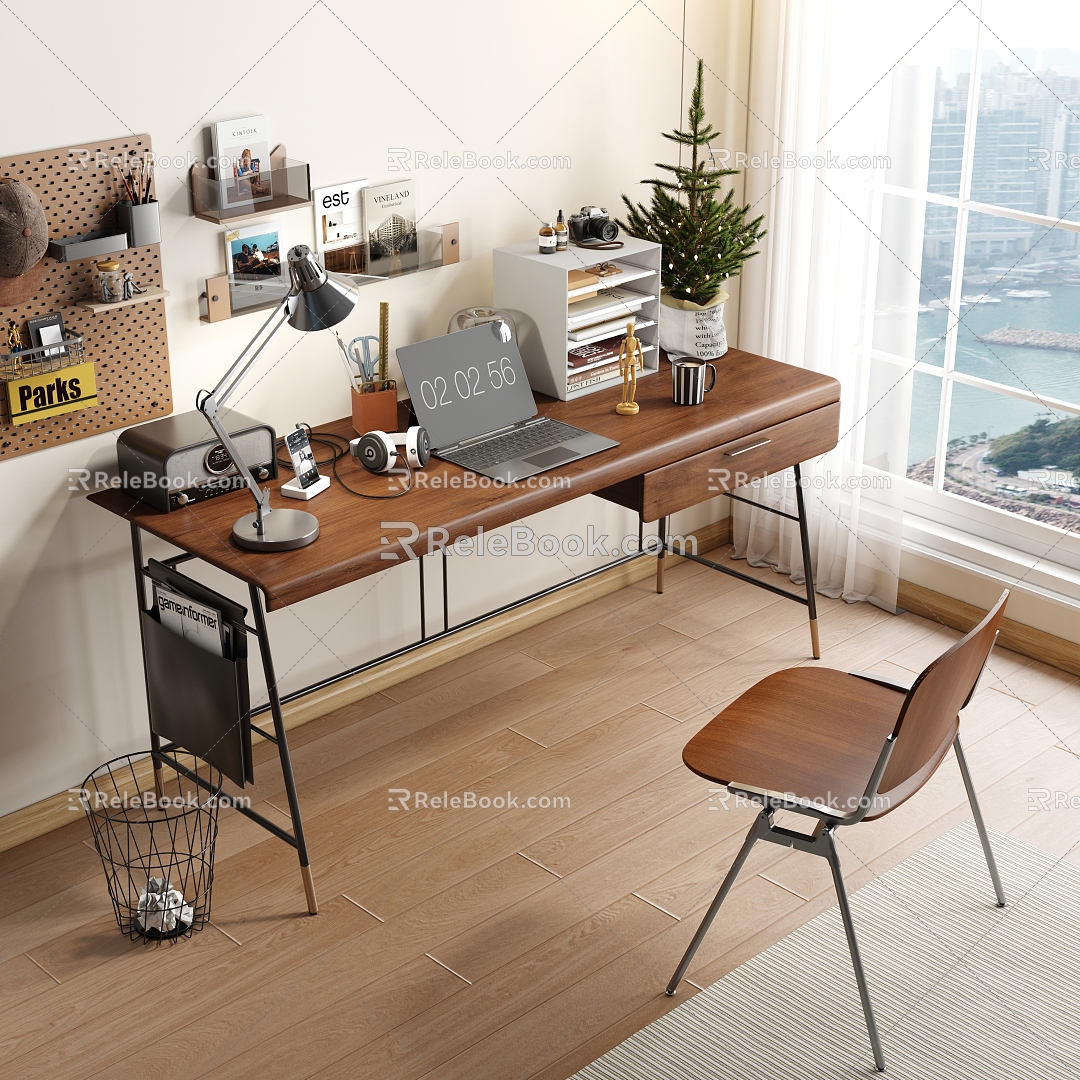 Middle style desk and chair 3d model