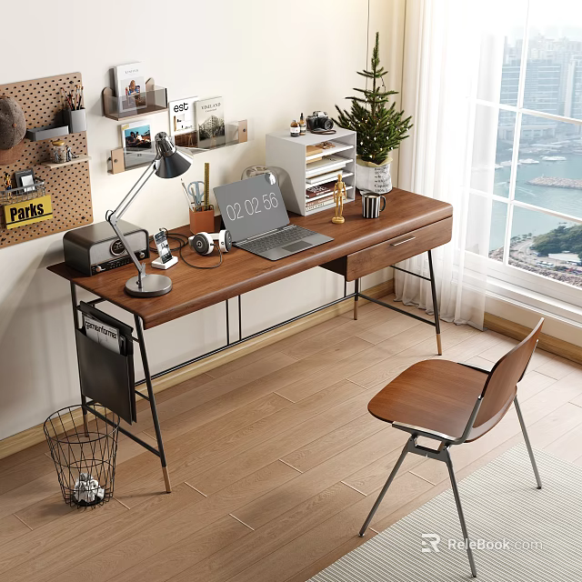 Cozy Wooden Desk With Table Lamp Laptop Calendar Headphones And City View 3d model 