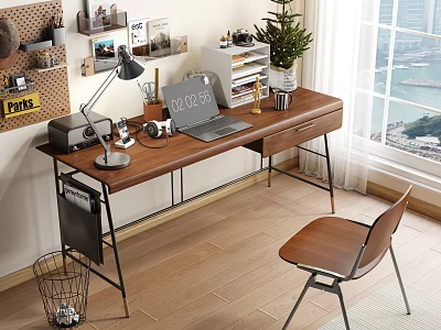 Cozy Wooden Desk With Table Lamp Laptop Calendar Headphones And City View 3d model
