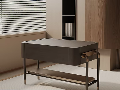 Modern Dark Wood Nightstand With Metal Legs And Lower Shelf Near Bookshelf 3d model