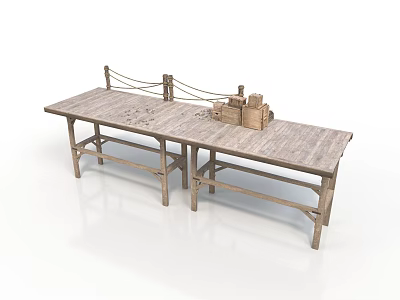 Rustic Wooden Long Table With Stacked Wooden Crates And Rope Decorations 3d model