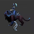 Fantasy Character In Blue Armor Riding Horned Dark Mythical Mount With Blue Accents