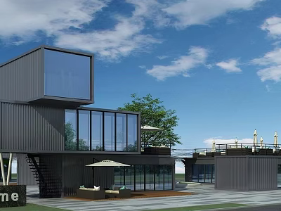 Modern Container Building With Glass Facade Large Windows Staircase And Outdoor Terrace 3d model