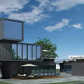 Modern Container Building With Glass Facade Large Windows Staircase And Outdoor Terrace