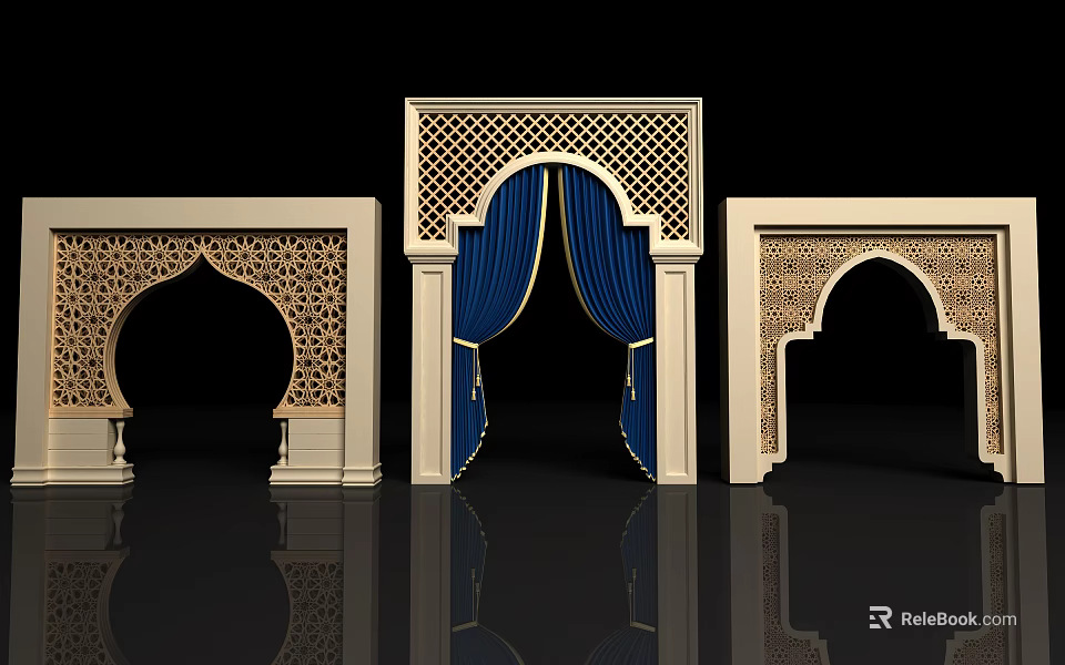 Decorative Carved Door Arches With Blue Curtains And Intricate Patterns 3d model 