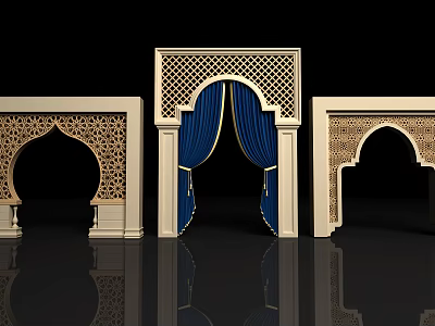 Decorative Carved Door Arches With Blue Curtains And Intricate Patterns 3d model