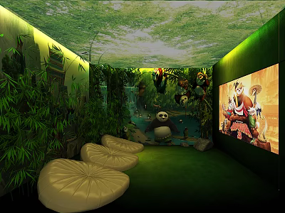 Natural Themed Cinema with Green Bamboo Lotus Leaf Seats Panda Murals and Animated Screen 3d model