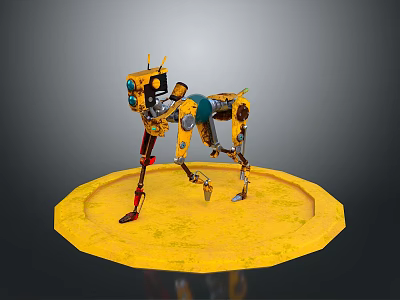 Yellow Mechanical Dog With Visible Metal Joints Standing On Circular Platform 3d model