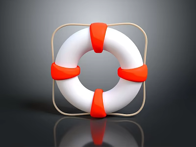 White And Orange Lifebuoy With Beige Frame On Black Background With Reflection 3d model