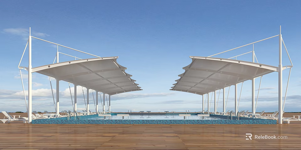 Scenic Outdoor Pool Space With White Tensile Membrane Structures Wooden Deck And Ocean View 3d model 