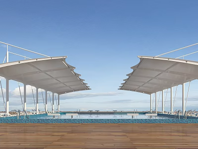 Scenic Outdoor Pool Space With White Tensile Membrane Structures Wooden Deck And Ocean View 3d model
