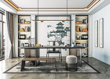 New Chinese Style Study Tea Room Desk and Chair Tea Table and Chair Desk Bookcase Desk Leisure Chair Decorative Cabinet 3d model