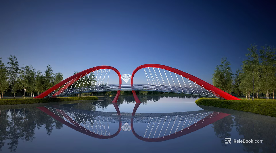 Red Arch Bridge Modern Design With White Cables Reflection On Calm Water Surface And Trees 3d model 