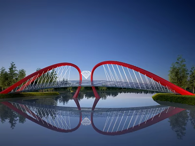 Red Arch Bridge Modern Design With White Cables Reflection On Calm Water Surface And Trees 3d model