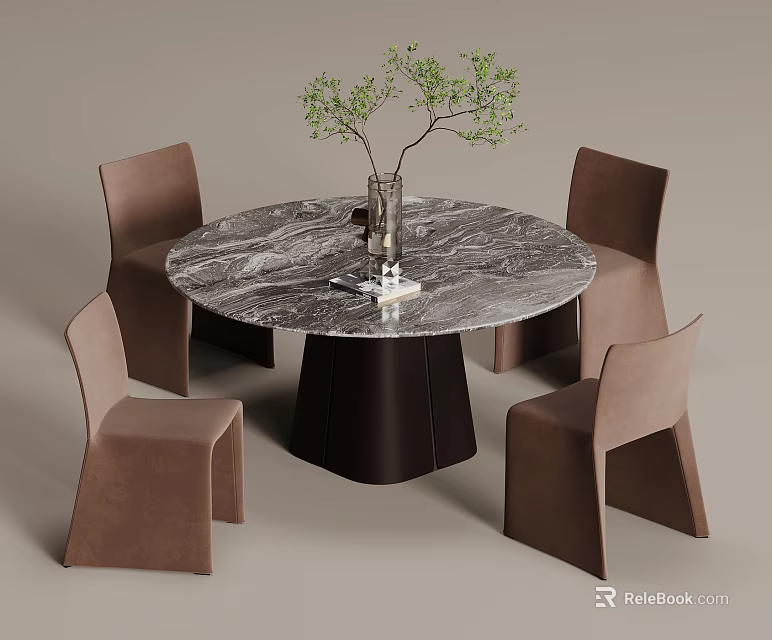 Round Marble Top Black Base Dining Table Set with Four Brown Chairs and Green Plant 3d model 