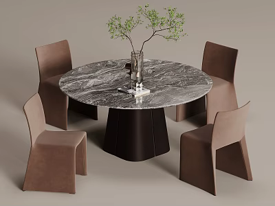 Round Marble Top Black Base Dining Table Set with Four Brown Chairs and Green Plant 3d model