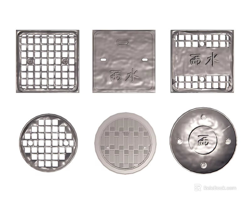 Road Infrastructure Manhole Covers with Square Circular Grid and Patterned Designs 3d model
