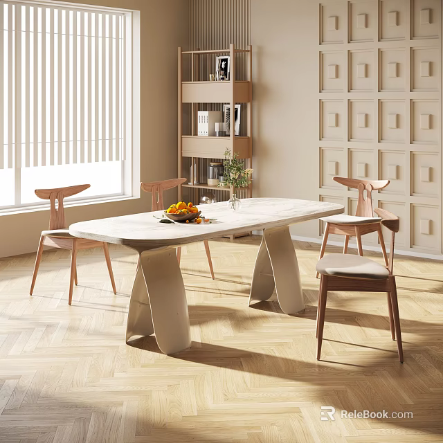 Modern Dining Table Set with Light Colored Tabletop and Wooden Chairs in Bright Living Space 3d model 