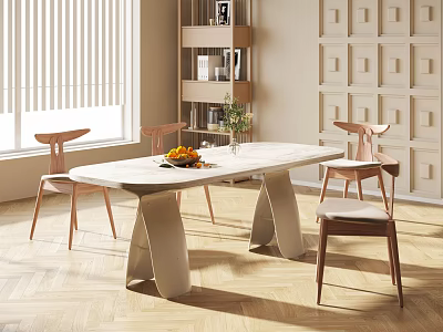 Modern Dining Table Set with Light Colored Tabletop and Wooden Chairs in Bright Living Space 3d model