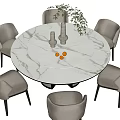 Round Marble Dining Table Set With Rotating Tray Light Gray Upholstered Chairs Black Legs 3d model