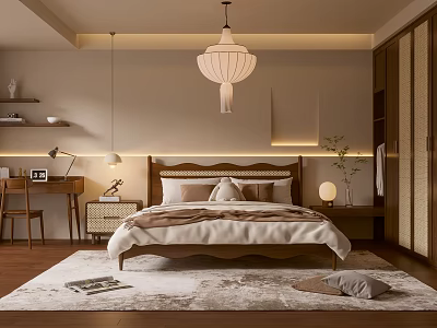 Modern Cozy Bedroom Interior With Wooden Bed Pendant Light Area Rug And Desk 3d model