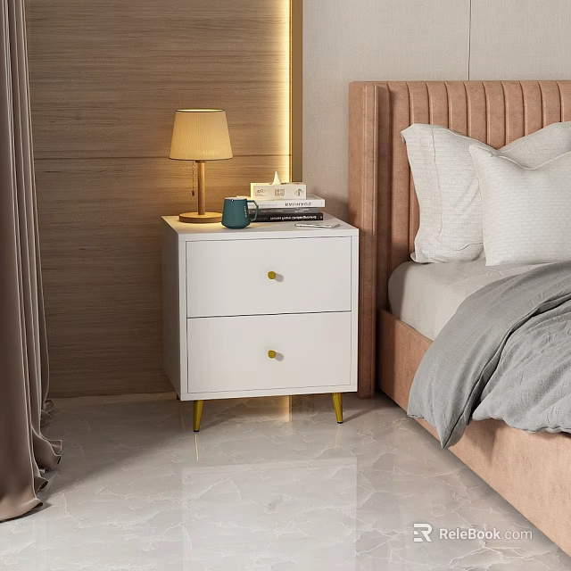 White Bedside Table With Two Drawers Gold Handles Legs And Table Lamp In Bedroom 3d model 