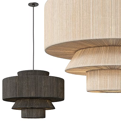 Modern Layered Pendant Lights With Wooden And Woven Textured Circular Shades 3d model