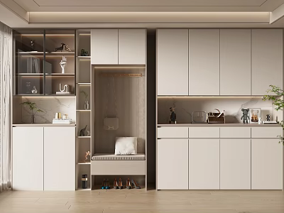 Modern Shoe Cabinet With Sleek White Design Glass Doors Storage Bench And Display Shelves 3d model