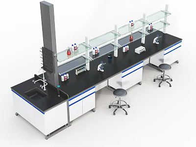 Modern Laboratory Interior With Lab Benches Glass Shelves Apparatus Cabinets And Stools 3d model