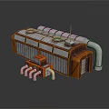 Cartoon Style 3D Rendered Industrial Equipment With Orange Gray Pipes Vents And Control Panels