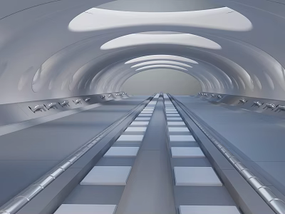 Futuristic Sci Fi Streamlined Tunnel With Curved White Ceiling And Metallic Walkway 3d model