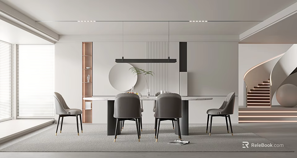 Modern Restaurant Interior With Long Dining Table Gray Chairs Hanging Lights And Round Mirror 3d model