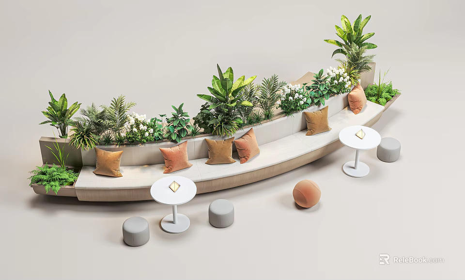 Stylish Landscape Seating With Green Plants Colorful Cushions Small Round Tables And Stools 3d model 