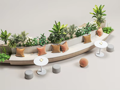 Stylish Landscape Seating With Green Plants Colorful Cushions Small Round Tables And Stools 3d model