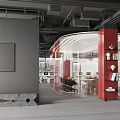 Modern Public Office Space With Red Curved Partitions Glass Walls And Open Layout