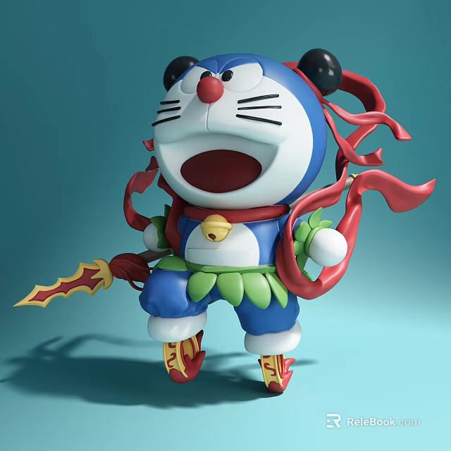 Blue Doraemon Doll With Red Ribbons Holding Sword Bell White Face Black Ears Green Outfit 3d model 