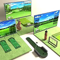 Golf Course Simulator Screens With Putting Green Mats Clubs And Training Aids